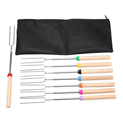 China Outdoor BBQ Stainless Steel Skewers Marshmallow Roasting Sticks With Wooden Handle for sale