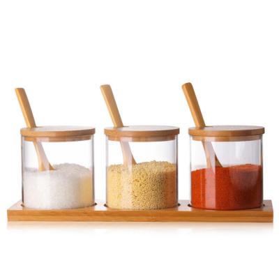 China Glass Condiment Seasoning Containers Bulk Reusable Spice Jars With Wooden Lid Spoon for sale