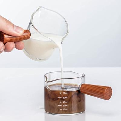 China Wooden Handle Essential Barista Tools Glass Espresso Measuring Cup 3oz for sale