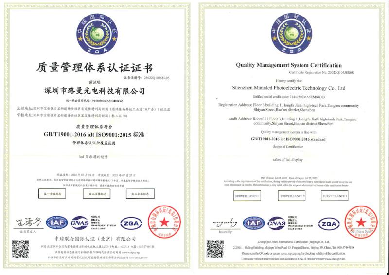 ISO9001 - Shenzhen Mannled Photoelectric Technology Co., Ltd