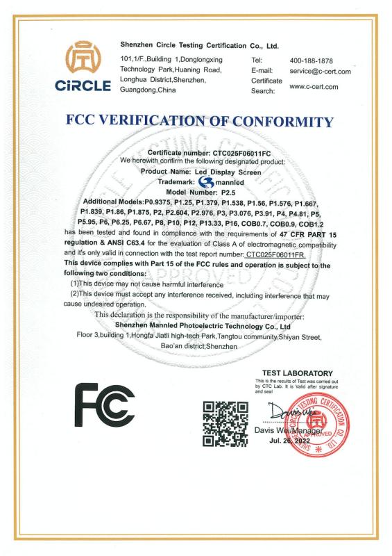 FCC - Shenzhen Mannled Photoelectric Technology Co., Ltd