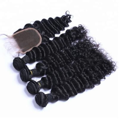 China Cheap Wholesale Deep Wave Hair Bundle With Closure Natural Color Deep Wave Hair Extension With Closure for sale