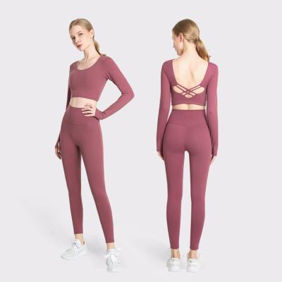 China Long Sleeve Two Piece Yoga Outfits Moisture Wicking Yoga Pants And Tops Sets for sale