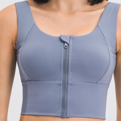 China Blue Grey Gathered Women's Sports Bra Front Zip Shockproof Gym Running Fitness Crop Top for sale