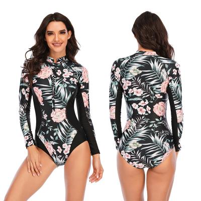 China Stand Collar Womens Zipper One Piece Swimsuit Long Sleeve Printed Customized for sale