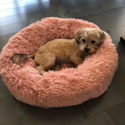 China Fluffy Brown Pink Anti Anxiety Dog Bed 50cm 60cm 70cm Diameter Dog Mattress Bed Calming Dog Bed Donut Cat Bed for sale