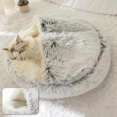 China Chunky Plush Hooded Calming Dog Bed Nest Cat Bed 2 In 1 Cat Cave Donut Cat Bed Dog Mattress Bed Covered Dog Bed for sale