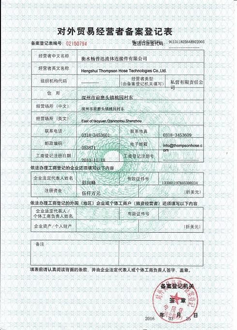 EXPORT ENTERPRISE REGISTRATION FORM Registration - Chenbo Rubber and Plastic Technology (Hebei) Co., Ltd