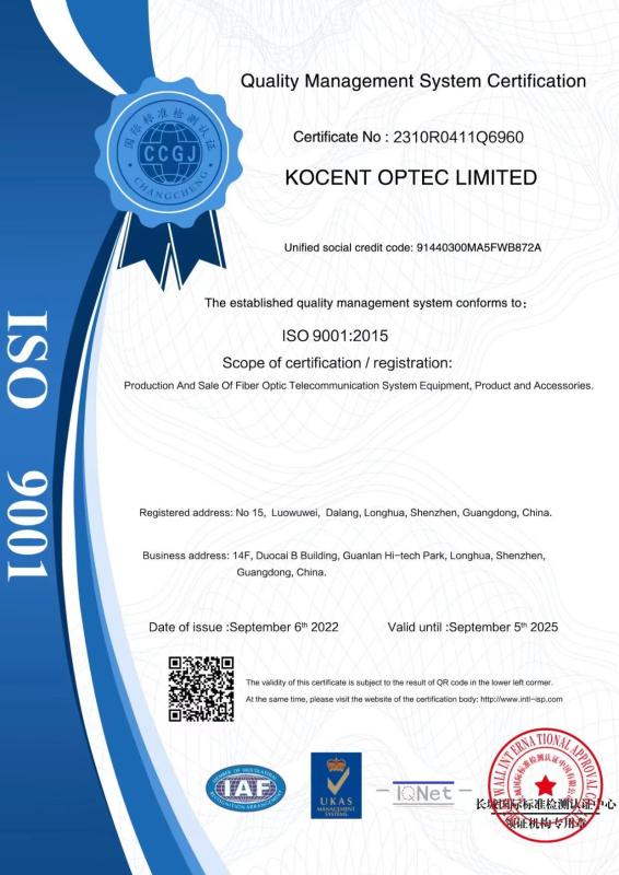 ISO9001:2015 - KOCENT OPTEC LIMITED
