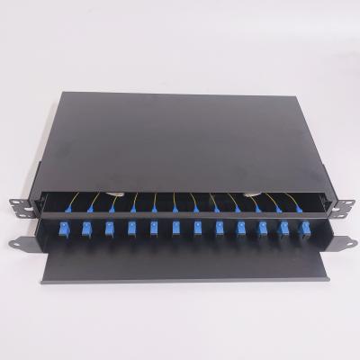 中国 12 Ports Optical Fiber Patch Panel Drawer Sliding 1U Black Color Rack Mount 販売のため
