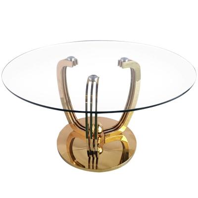 China Minimalist Gold Stainless Steel Base Dining Table With Glass Top for sale