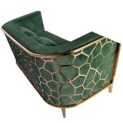 China Sofá de luxo de aço inoxidável de ouro moderno conjunto de móveis sala de estar Sofá de tecido de veludo verde à venda