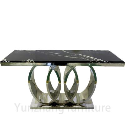 China Modern Style Rectangle Marble Dining Table White Table And Gold Trestle Base for sale