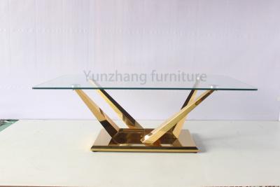 China Rectangular Transparent Glass Dining Table Stainless Steel Furniture With gold Base for sale