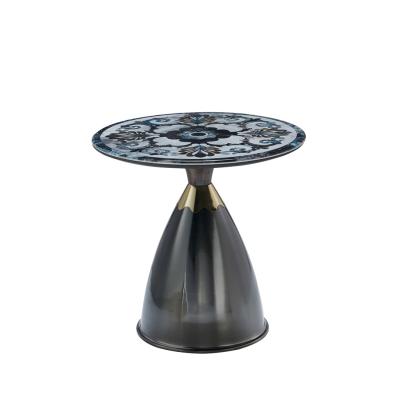 China Modern light luxury round living room black marble look glass top metal base corner tables side table for sale