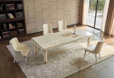 China Embroidery Leather Cover Luxury Modern Dining Tables White Tempered Glass Top Stainless Steel Frame For Home for sale