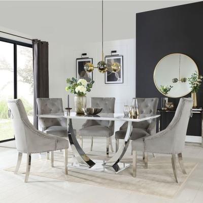China Stainless Steel Silver Black Marble Top Dining Table Set Luxury Modern Dining Tables 150X90X75 for sale