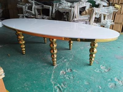 China Oval MDF Wedding Banquet Tables Banquet Style Wedding Reception Tables Ss Gold Ball Legs for sale