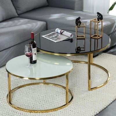China Marble Glass Top Gold Round Coffee Table With Storage Strike Deisgn for sale