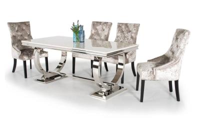 China A mesa de jantar de aço inoxidável do pé do ouro de prata ajustou 6 Seater com parte superior de mármore à venda