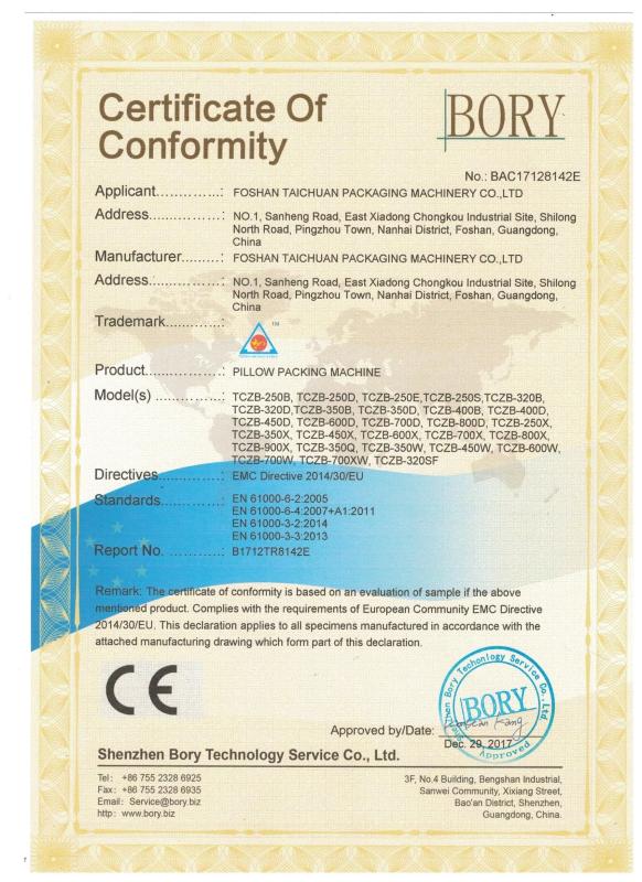 CE Certificate for Pillow Packing machine - TaiChuan Packaging Machinery CO.,Ltd