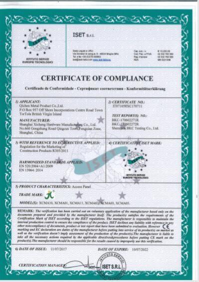 CERTIFICATE OF COMPLIANCE - Shanghai Xicheng Hardware Manufacturing Co.,Ltd