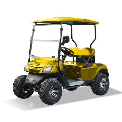 China Color amarillo 14 pulgadas neumáticos todoterreno 4 ruedas utilitario 2 plazas carro de golf con parabrisas delantera plegable en venta
