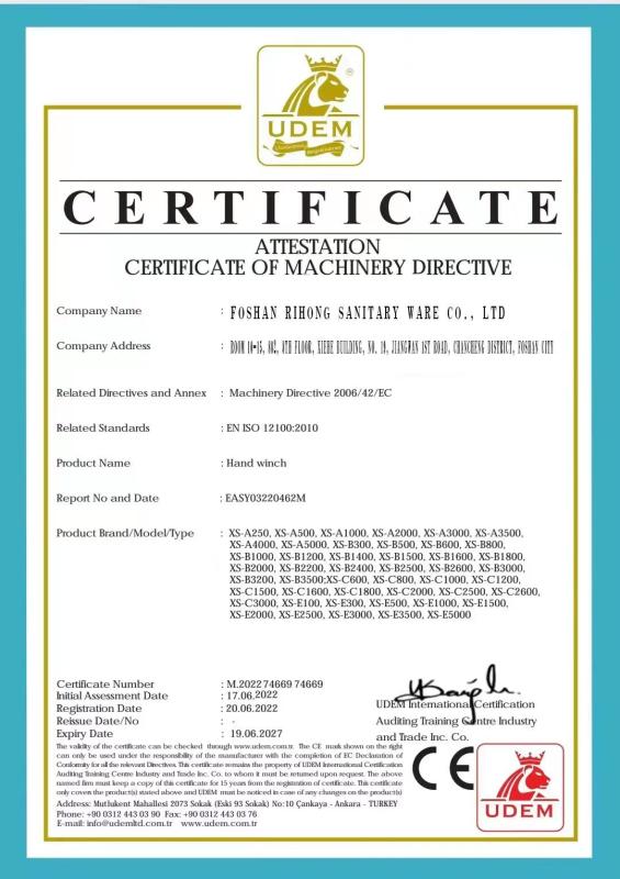ATTESTATION CERTIFICATE OF MACHINERY DIRECTIVE - Foshan Ririhong Sanitary Ware Co., Ltd
