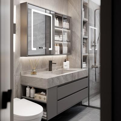 China Modern Style Graphic Design Wash Basin Mirror Cabinet Gray Single Sink Wood en venta