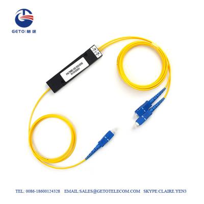 China Yellow FTTH Fiber Optic Splitter Pigtail Type SC UPC 1x2 Plc Splitter for sale
