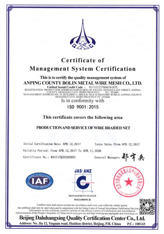 ISO certificate - Anping County Bolin Metal Wire Mesh Co.,Ltd