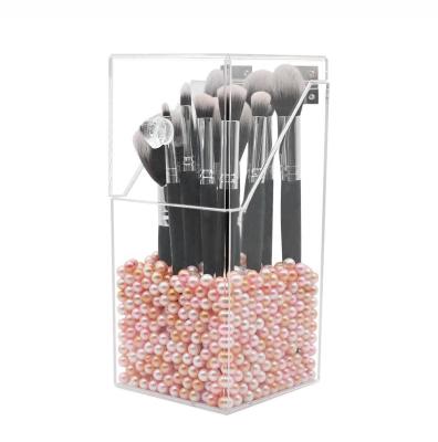 China Covered Makeup Brush Holder with Dustproof Lid, Pearls Beads, Large Capacity Acrylic Clear Organiser for sale