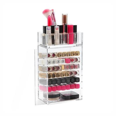 China Lipstick Holder Acrylic Lipstick Tower Cosmetic Makeup Organizer Display Stand with Door for sale