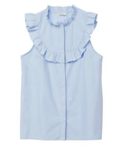 China Polyester Ruffled Collar Pool Blue Women Sleeveless Shirts for sale