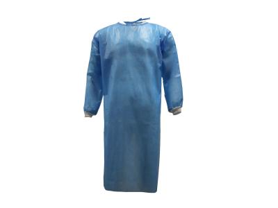 China Blue PP+PE 45GSM AAMI Level 2  Disposable Isolation Gown Back Opening With Rib-knitted Cuffs&Ties&Polyester Thread for sale