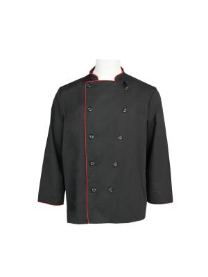 China 240G Black Chef Jacket Long Sleeve Polyester 65% Cotton 35% With Red Pipings for sale