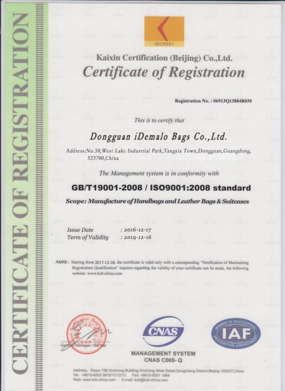 ISO 9001 - iDemalo Bags Co., Ltd.
