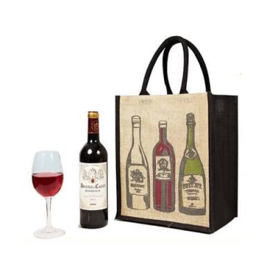China Portable Custom Tote Bags for Bottle Wine , Black Jute Shopping Bags Printed for sale