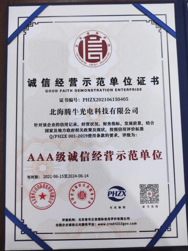 GOOD FAITH DEMONSTRATION ENTERPRISE - Beihai Tenbull Optoelectronics Technology Co., Ltd.