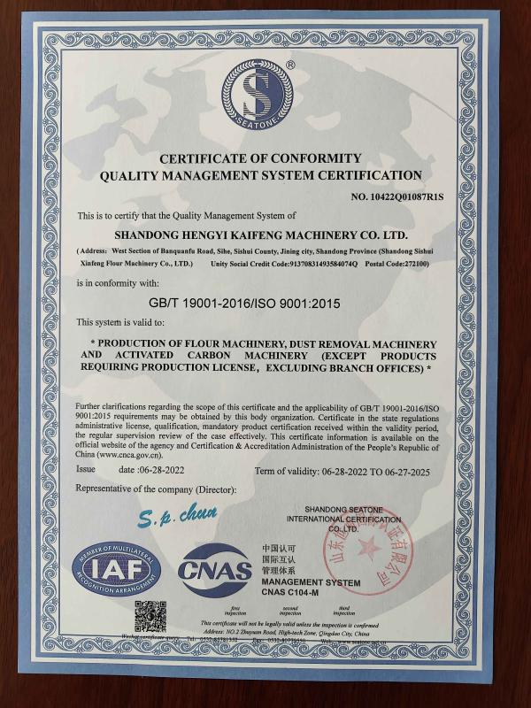 CERTIFICATE OF CONFORMITYQUALITY MANAGEMENT SYSTEM CERTIFICATION - Shandong Hengyi Kaifeng Machinery Co., Ltd.,
