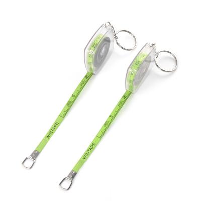 China Green Metal Measuring Tape Keychain 2 Meters 80 Inches With Transparent Plastic Shell for sale