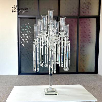 China Wholesale Design Crystal Wedding Decoration Centerpiece Clear Candelabra With Hanging Crystal for sale