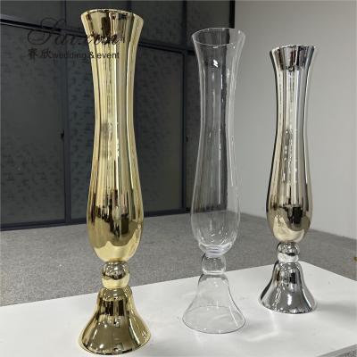 China Wholesale Tall Wedding Decoration Centerpiece Gold Glass Wedding Flower Vase en venta