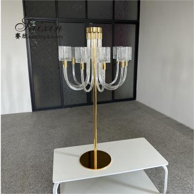 China Saixin new design large gold metal stand 10 arms glass candelabra for wedding centerpieces for sale