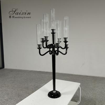 Quality 3 Arm 9 Arm Crystal Candelabra Wedding Black Glass Wedding Table 110CM for sale