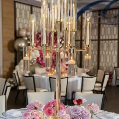 China ZT-530  luxury metal gold candelabras with floating candle holders glass chimney for wedding table decoration for sale