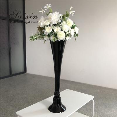 China 80cm-100cm Tall Black Glass Stemmed Glass Vase Hurricane For Wedding Table Centerpiece for sale