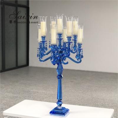 China Blue Crystal Candelabra 9 Arm Crystal Chandelier Candlesticks Table Decoration for sale
