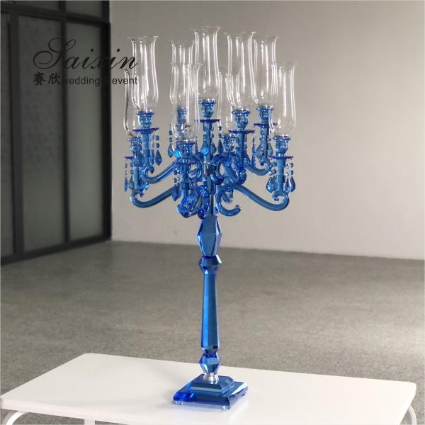 Quality Blue Crystal Candelabra 9 Arm Crystal Chandelier Candlesticks Table Decoration for sale