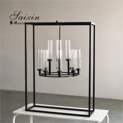 中国 New black rectangle frame with hanging chandelier candle holder 販売のため